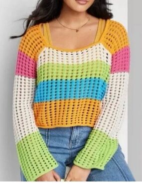 Wild Fable Crochet Rainbow Sweater Square Neck Size XS